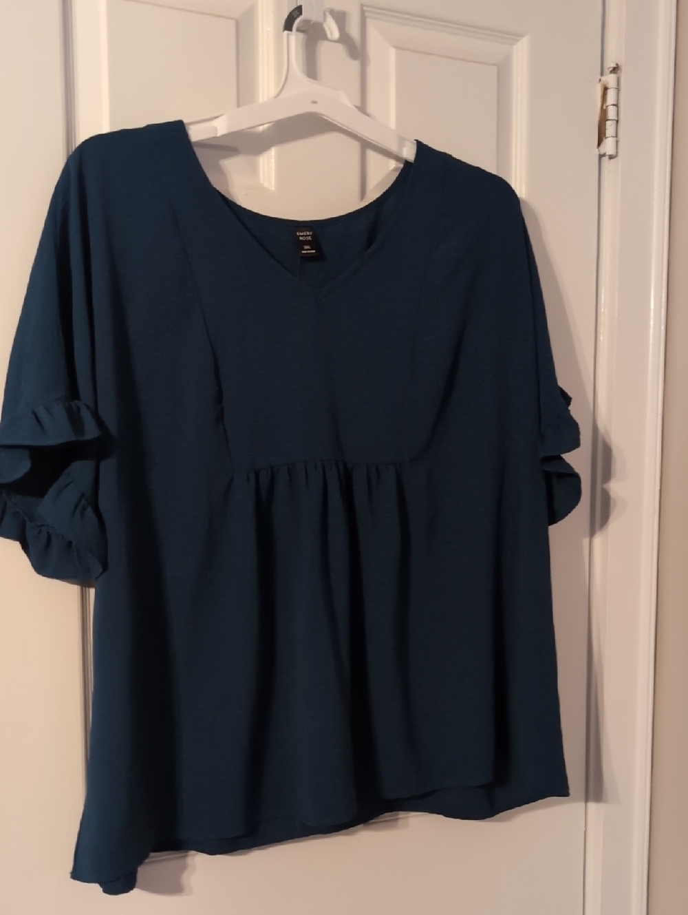 SHEIN Teal V-Neck Ruffle Sleeve Blouse